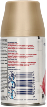 Glade automatic spray Luscious Cherry & Peony, tył białej puszki ze złotym wieczkiem, widoczny kod i instrukcje użycia.