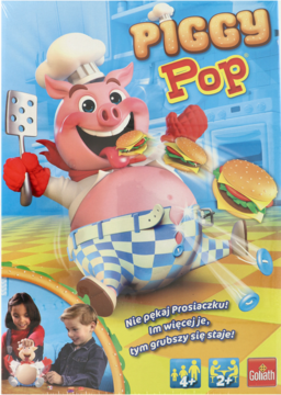 Goliath Piggy Pop gra dla dzieci. Pudełko z grubym prosiaczkiem-kucharzem i hasłem "Nie pękaj Prosiaczku!".