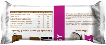 Tył opakowania batonu kokosowego z migdałami i chlorellą, białe z brązowo-różowymi elementami i tabelą wartości.