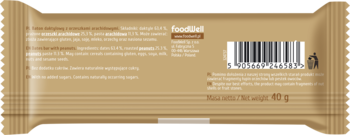 Tył opakowania batona BeRAW! Energy daktylowego z orzeszkami arachidowymi, bez cukru, bez oleju palmowego, kod kreskowy.