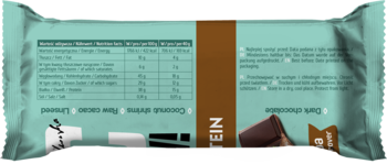 Tył opakowania batona Be Raw Protein Dark Chocolate z tabelą odżywczą. Widoczna grafika tabliczki czekolady.