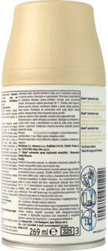 Tył białej puszki Glade automatic spray Romantic Vanilla Blossom, widok z tyłu z tekstami i ikonami instrukcji.