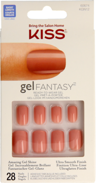 Front opakowania sztucznych paznokci Kiss gel Fantasy w kolorze brzoskwiniowym, 28 sztuk, z efektem żelu i modelem ręki.
