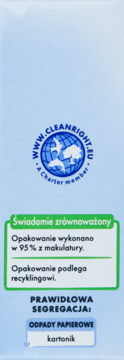 Tylna strona opakowania mydła galasowego z niebieskim tłem, zielonymi etykietami o recyklingu i logo Cleanright.