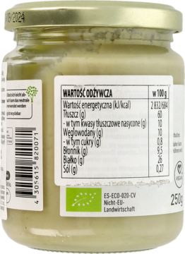 Tahini enerBio w szklanym słoiku, widok z tyłu z etykietą i tabelą wartości odżywczych, 250g, wegańskie.