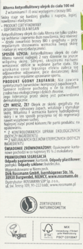 Tylna etykieta Alterra Olejek Antycellulitowy 100ml, z BIO grejpfrutem i brzozą, widoczne teksty i logo.