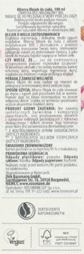 Tył opakowania Alterra Olejek do ciała 100 ml, biały karton z polskim opisem, logo Vegan, FSC i Naturkosmetik.