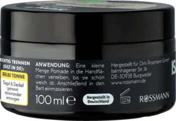 Tył czarnej pomady do brody ISANA 100ml z etykietą, widoczne instrukcje użycia i logo Rossmanna.