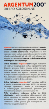 Etykieta Argentum200 Srebro Koloidalne: niebieska fala z molekułami srebra, białe tło. Widok z przodu.
