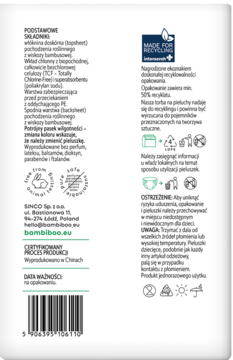 Tył opakowania jednorazowych pieluszek Bambiboo z bambusa, z polskim opisem składu i certyfikatami.