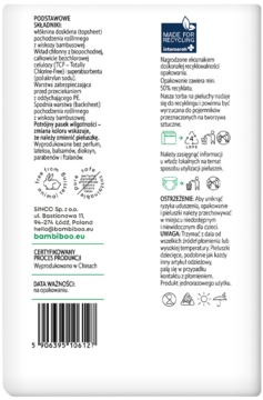 Tył opakowania pieluszek Bambiboo z bambusem, ze składem, certyfikatami i instrukcjami użytkowania.