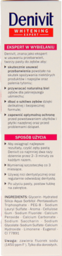 Denivit Whitening Expert, tył opakowania z polskim tekstem o działaniu wybielającym i składnikach.