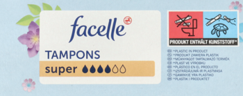 Białe opakowanie tamponów Facelle Super (3/5 kropli) z grafikami: nie spłukiwać i zawiera plastik.