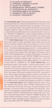 Multilingual text panel for facelle tampons super; detailed product info below 'PLASTIC IN PRODUCT' header.