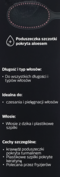 Opis szczotki do pielęgnacji Professional: aloes, turmalin, keratyna, włosie z dzika. Ciemne tło z detalami produktu.