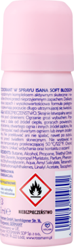 Tył różowego dezodorantu w sprayu Isana Soft Blossom, z polskim tekstem ostrzegawczym i symbolem ognia.