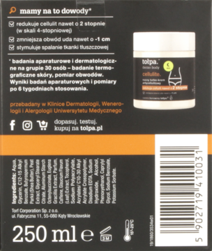 Tył czarnego opakowania kremu Tolpa Dermo Body Cellulite 250 ml z białym tekstem, kodem kreskowym, ikonami.
