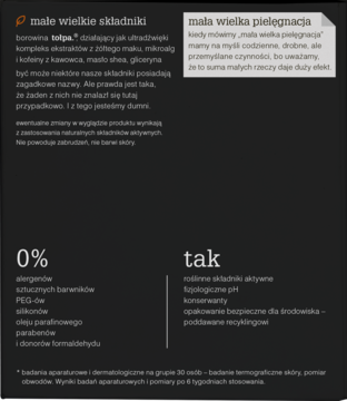 Grafika Tołpa: składniki dermokosmetyku na cellulit z borowiną, 0% szkodliwych substancji, aktywne ekstrakty.