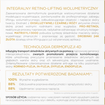 Biała ulotka kremu Retino-Lifting 4D z technologią Dermofuzji, złotą ramką. Wyniki badań i sposób użycia.