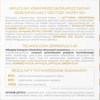 Panel informacyjny kremu przeciwzmarszczkowego 55+ z Dermofuzją 4D, czarny tekst na beżowym tle.
