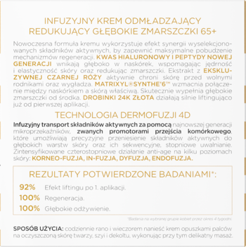 Ulotka kremu odmładzającego 65+ redukującego zmarszczki. Widoczny opis technologii Dermofuzji 4D i składników.
