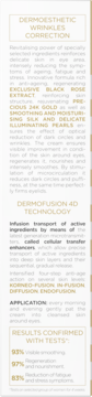 White product label for Dermoesthetic Wrinkles Correction eye cream, gold text, 4D technology, test results.