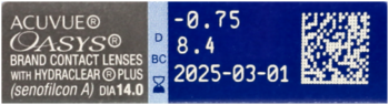 ACUVUE OASYS soczewki kontaktowe, opakowanie z parametrami D -0.75, BC 8.4, data ważności 2025-03-01.