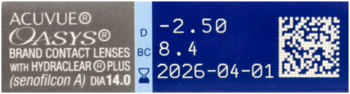 Zbliżenie opakowania soczewek ACUVUE OASYS: szare i niebieskie z danymi D -2.50, BC 8.4, 2026-04-01.