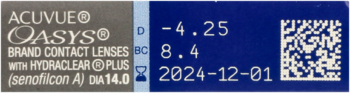 Opakowanie soczewek Acuvue Oasys, szaro-niebieskie. Widoczne parametry: moc -4.25, BC 8.4, ważność 2024-12-01.