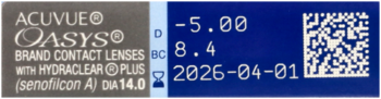 Opakowanie ACUVUE OASYS (Hydraclear Plus), moc -5.00, BC 8.4, ważność do 2026-04-01, srebrno-niebieskie.