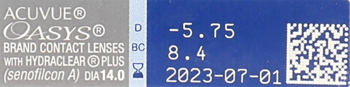 Etykieta soczewek ACUVUE OASYS z danymi: D -5.75, BC 8.4, DIA 14.0 i datą ważności 2023-07-01.