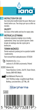 Tył opakowania kropli do oczu Iana. Biało-niebieska etykieta z instrukcjami użycia PL/EN i kodem kreskowym.