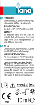 Iana intensywnie nawilżające krople do oczu, tył opakowania z PL/EN opisem, symbolami MD, CE, 10ml.