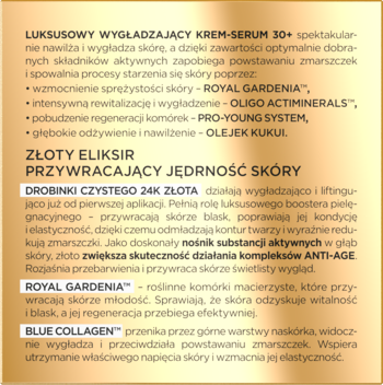 Panel informacyjny luksusowego kremu-serum 30+ ze złotem, Royal Gardenia, kolagenem na złotym tle.