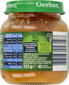 Gerber Organic przecier dynia i słodki ziemniak, tył słoiczka. Widoczne informacje odżywcze i kod kreskowy.
