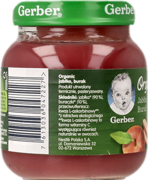 Tył szklanego słoiczka Gerber Organic z przecierem jabłkowo-buraczanym. Widoczna etykieta z listą składników po polsku.