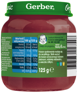Tył szklanego słoiczka Gerber Organic z przecierem owocowym; widoczna zielona etykieta z tabelą wartości odżywczych.