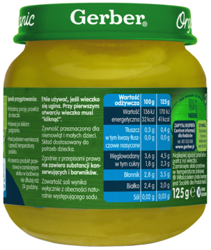 Tylny widok szklanego słoiczka Gerber Organic z zielonym groszkiem, brokułami i cukinią, z etykietą i tabelą odżywczą.