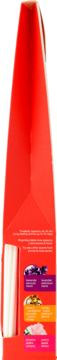 Side of red refill box for air freshener sticks, showing white sticks and blocks with blueberry, amber, floral scents.