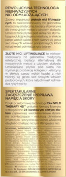 Tył opakowania złotego kremu 24K GOLD THERAPY 4D z tekstem o odmładzających niciach i listą składników.