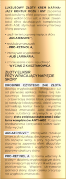 Opis luksusowego złotego kremu do oczu i ust z 24K złotem, Pro-Retinolem A. Tekst na beżowym tle.