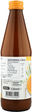 Tył butelki soku z rokitnika z miąższem 330ml, pomarańczowa zakrętka, biała etykieta z tabelą wartości odżywczych.