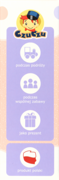 Fioletowy panel reklamowy CzuCzu, kreatywne puzzle dla dzieci 2+, z ikonami: podróż, wspólna zabawa, prezent, produkt polski.