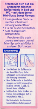 Tył opakowania domol Mini-Spray Sweet Flowers, różowe, z instrukcją użycia i schematami wymiany wkładu.