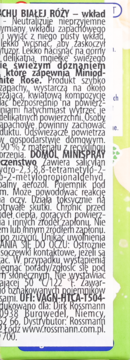 Bliskie ujęcie etykiety odświeżacza domol Minispray White Rose, widoczny gęsty tekst w języku polskim.