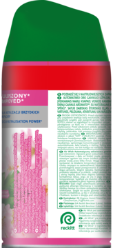 Tył wkładu Air Wick Freshmatic Kwitnąca Wiśnia, butelka zielono-różowo-biała z tekstem o zapachu i użyciu.