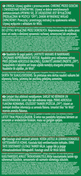 Zbliżenie na zieloną etykietę Air Wick Freshmatic z polskimi, litewskimi i łotewskimi instrukcjami bezpieczeństwa.