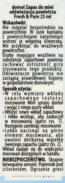 Tekst z opakowania domol Zapas mini odświeżacza powietrza Fresh & Pure 25 ml: instrukcje i ostrzeżenia.