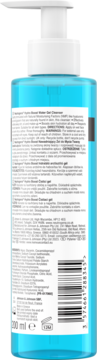 Tył niebieskiej butelki Neutrogena Hydro Boost z białą pompką i etykietą z instrukcjami, 200 ml.