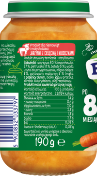 Tył słoiczka BoboVita jarzynki z cielęciną i kluseczkami, z etykietą zawierającą skład i wartości odżywcze.